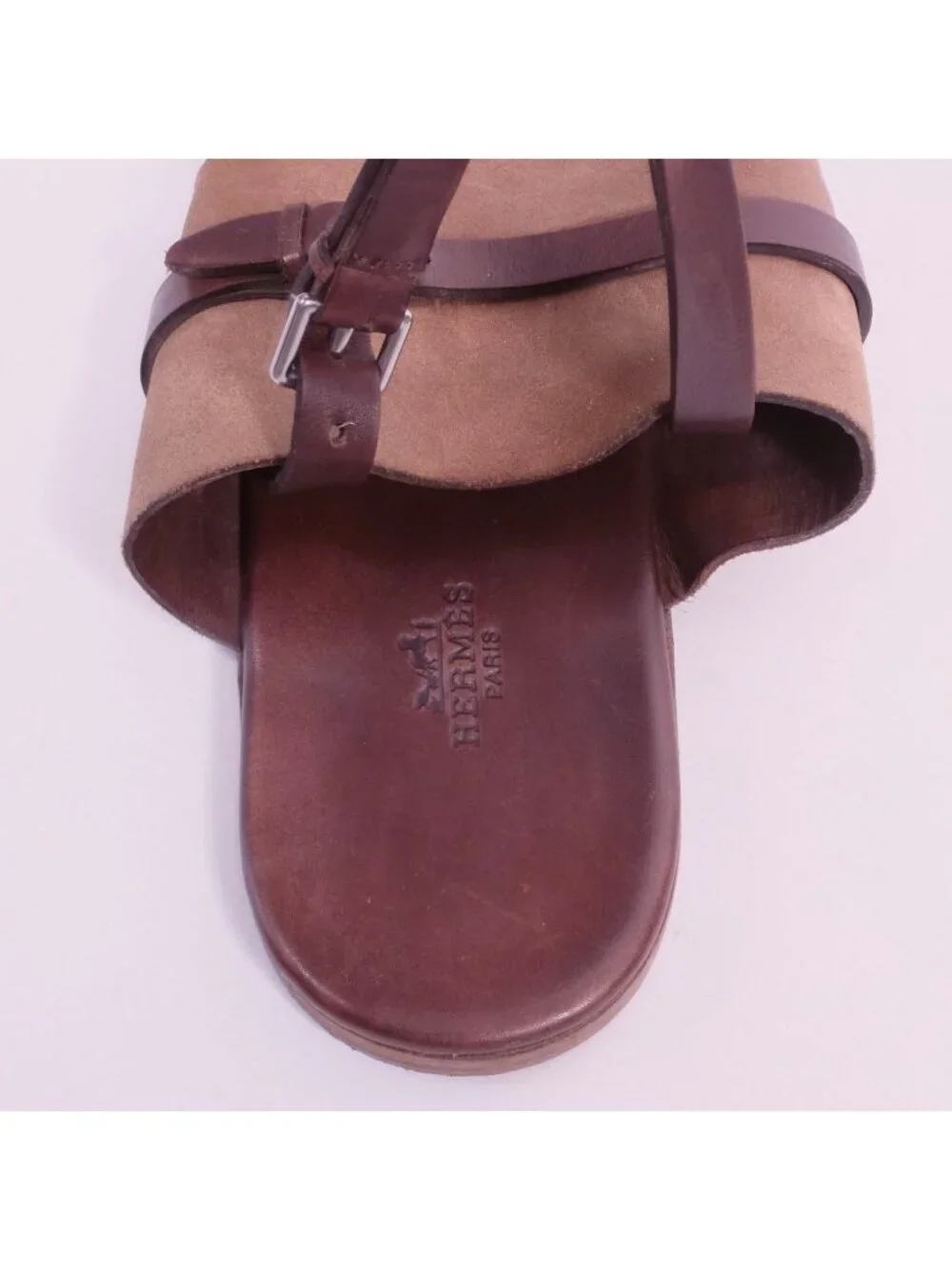 HERMES Tao sandals slides 43 US 10 leather brown silver buckles